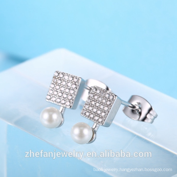 latest design stud earring pearl earring square shape cz earring